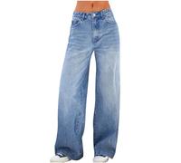 Denim Jeans for Women UK Sale, Boyfriend Jean Straight Wide Leg Pants High Waisted Trousers for Women Spring Baggy Jeans Casual Fall Loose Fit Sweatpants Metal Buckle Work Lounge Joggers