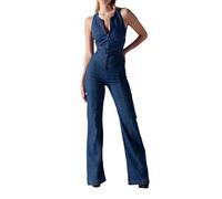 Denim Jumpsuit for Women | Sexy Slim Fit Zipper Sleeveless V-Neck High Waist Fashion Jean Pants Rompers Women's Flared Leg Pants Romper Halter Tank Top Denim Catsuit Maxi Overall