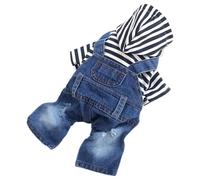 Denim Look Pet Overalls with Striped Hood and Sleeves | Blue bib overalls are paired with a black and white striped top and hood for a layered outfit. The dungaree-style front has