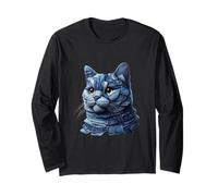Denim Patchwork Cat Cute Creative Animal Long Sleeve T-Shirt