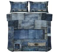 Denim Patchwork Duvet Cover Double - Blue Denim Texture Bedding Sets - Vintage Bedding 3 Piece - Soft Microfiber Quilt Cover & 2 Pillowcases, Zipper Closure & Ties, 200x200 yQ504