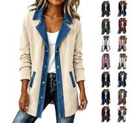 Denim Patchwork Jackets Women Lapel Collared Long Sleeve Cardigan Thin Coat | Button Down Loose Casual Jackets Vintage Denim Trim Jackets Outdoor Walking Streetwear Autumn Winter Fashion Clothes