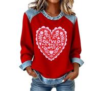 Denim Patchwork Shirt Women Valentines Day Love Heart Printed Pullover Sweatshirt Trendy Casual Ladies Blouses Tops Clothing, Black, S