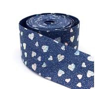 Denim Ribbon 10Yards Blue Denim Ribbon - Laser Silvery Heart Pattern Print, Size 1cm/3cm/5cm Polyester Fabric Trim for Sew(50mm)