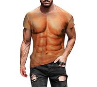 Denim Shirt Casual 3D Digital Print Muscle Exercise Fitness Short Sleeve T-Shirt Top Blouse Jumper Over Shirt Men, Rose Gold, M