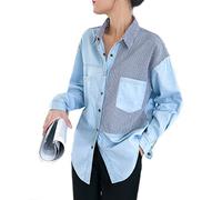 Denim Shirt for Women UK - Casual Tunic Tops Long Sleeve Button Down Denim Shirts with Pockets, Colour Block Shakets, Jean Tops, Summer Jackets (LightBlue, XXL)