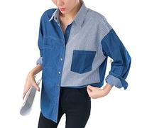 Denim Shirt for Women UK - Casual Tunic Tops Long Sleeve Button Down Denim Shirts with Pockets, Colour Block Shakets, Jean Tops, Summer Jackets (DarkBlue, XL)