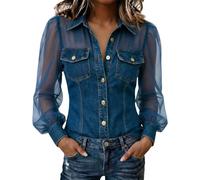 Denim Shirt Women Plus Size Sheer Puff Sleeve Button Down Shirt Regular Fit Denim Patchwork Blouse See-Through Chambray Shirts Elegant Cowboy Style Going Out Tops
