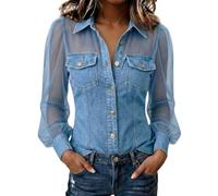 Denim Shirt Women Plus Size Sheer Puff Sleeve Button Down Shirt Regular Fit Denim Patchwork Blouse See-Through Chambray Shirts Elegant Cowboy Style Going Out Tops