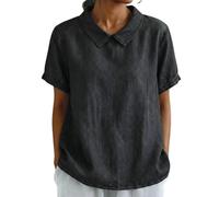 Denim Shirt Women Summer Short Sleeve Peter Pan Collar Jean Shirt Regular Fit Chambray T-Shirt Smart Casual Jean Blouses Lightweight Cowboy Western Tops Plus Size Daily Weekend Outfit,Black,3XL