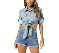 Denim Shirt Women Tie Front Roll Up 3/4 Sleeve Button Down Crop Chambray Jean Shirts Tops Petite to Plus-Size