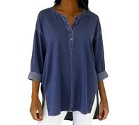 Denim Shirt Women Trendy Ruffle Trim Button Down V Neck Jean Tops 3/4 Sleeves Lightweight Chambray Shirts Smart Casual Blouses Cowboy Western Tops Office Work Irregular Hem Tunic Tops,Zc-Blue,3XL