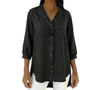Denim Shirt Women Trendy Ruffle Trim Button Down V Neck Jean Tops 3/4 Sleeves Lightweight Chambray Shirts Smart Casual Blouses Cowboy Western Tops Office Work Irregular Hem Tunic Tops,Black,XXL