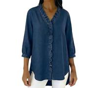 Denim Shirt Women Trendy Ruffle Trim Button Down V Neck Jean Tops 3/4 Sleeves Lightweight Chambray Shirts Smart Casual Blouses Cowboy Western Tops Office Work Irregular Hem Tunic Tops,Dark Blue,3XL