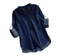 Denim Shirt Women Trendy Ruffle Trim Button Down V Neck Jean Tops 3/4 Sleeves Lightweight Chambray Shirts Smart Casual Blouses Cowboy Western Tops Office Work Irregular Hem Tunic Tops