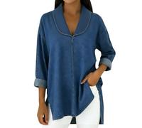 Denim Shirt Women Trendy Ruffle Trim Button Down V Neck Jean Tops 3/4 Sleeves Lightweight Chambray Shirts Smart Casual Blouses Cowboy Western Tops Office Work Irregular Hem Tunic Tops,Za-Blue,XXL