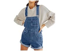 Denim Short Jumpsuits for Women UK Adjustable Strap Retro Button Down Jumpsuits Casual Sleeveless Dungaree Shorts with Double Pockets Baggy Bib Overalls Roll Up Short Jeans