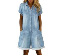 Denim Short Jumpsuits for Women UK One Piece Short Sleeve Wide Leg Beach Romper Maternity Dungarees Vintage Buttons Lapel Neck Casual Jumpsuits Summer Gardening Overalls