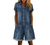 Denim Short Jumpsuits for Women UK One Piece Short Sleeve Wide Leg Beach Romper Maternity Dungarees Vintage Buttons Lapel Neck Casual Jumpsuits Summer Gardening Overalls