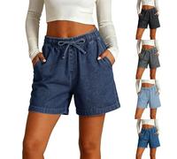 Denim Shorts For Women Drawstring Elastic Waist Wide-Legged Jeans Women Solid Colour Loose Pull On Summer Hot Pants Lightweight Beach Vacation Casual Capri Jeans With Pockets Everyday Short Pants