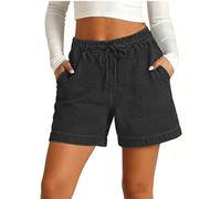 Denim Shorts For Women Drawstring Elastic Waist Wide-Legged Jeans Women Solid Colour Loose Pull On Summer Hot Pants Lightweight Beach Vacation Casual Capri Jeans With Pockets Everyday Short Pants