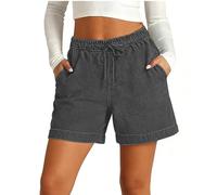 Denim Shorts For Women Drawstring Elastic Waist Wide-Legged Jeans Women Solid Colour Loose Pull On Summer Hot Pants Lightweight Beach Vacation Casual Capri Jeans With Pockets Everyday Short Pants
