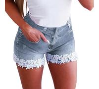 Denim Shorts For Women High Waist Lace Trim Jean Shorts With Pockets Plus Size Skinny Stretchy Sexy Butt Lifting Summer Jean Short Boyfriend Hot Mini Denim Short Club Party Outfits Going Out