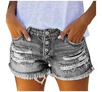 Denim Shorts for Women Washed Distressed Mid Rise Button Fly Casual Jean Shorts Trendy Retro Frayed Edges Ripped Hot Pants with Pockets Ladies Cut Off Summer Beach Denim Short Y2k Streetwear