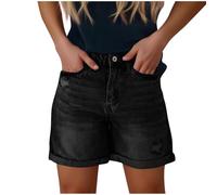 Denim Shorts for Womens with Pockets Elastic Waist Jeans Ladies Turned Frayed Hem Shorts Casual Summer Capri Pants Sexy Stretchy Hotpants Cropped Trousers Loose Beach Short Pants Black