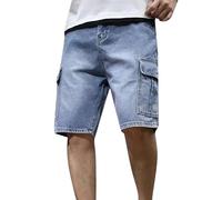 Denim Shorts Mens Multi Pockets Cargo Jeans Straight-Fit Breathable Stretch Denims Short Solid Color Lightweight Half Pants Classic Casual Halfpants Stylish Smart Summer Denims Short-Pant Blue
