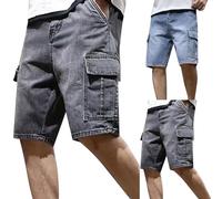 Denim Shorts Mens Multi Pockets Cargo Jeans Straight-Fit Breathable Stretch Denims Short Solid Color Lightweight Half Pants Classic Casual Halfpants Stylish Smart Summer Denims Short-Pant Grey