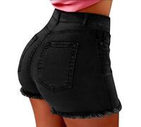 Denim Shorts Womens Elasticated High Waisted Casual Shorts Distressed Frayed Raw Hem Summer Jean Short with Pockets Stretchy Skinny Hot Denim Pants Boyfriend Jeans for Hip Hop Clubwear Streetwear