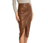 Denim Skirt Black Knee-Length Women's Faux Leather Midi Skirt High Waist Slit Front Zip Back Ruched Bodycon Long Autumn Club Skirt Polish, brown, L