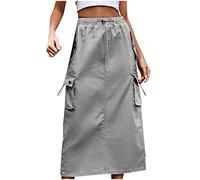 Denim Skirt for Women Drawstring Elasticated Stretchy Midi Jean Skirts Calf Length Casual Summer Skirts with Pockets Elastic Waist Cargo Mid-Length Skirts Solid Work Skirts