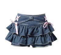 Denim skirt mini female kawaii elastic waist A-line splicing cute sexy ruffled jeans skirt shorts summer-Blue-L
