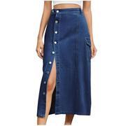 Denim Skirts for Women UK Button Slit Cowboy Skirt Loose Fit Jeans Skirts Casual High Waist Split Midi Maxi Long Length Skirts Trendy Y2k Denim Skirt with Pockets Streetwear
