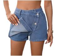 Denim Skort for Women Stretch High Waisted Ladies Denim Mini Skirt Wrap Front Button Vintage Washed Jean Skirts A-Line Wide Leg Mini Jean Shorts with Pockets Casual Summer Streetwear Outfit