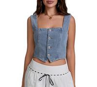 Denim Tank Tops for Women Summer Sleeveless Button Down Denim Vest Square Neck Backless Smocking Jean Vest Streetwear Going Out (A-02, L)