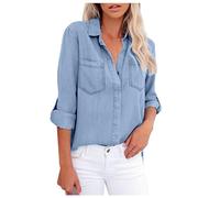 Denim Tops Women Chambray Jean Western Shirts Long Sleeve Button Down Denim Shirts with Pockets Oversized Casual Loose Cowboy Western Top with Tails Blue XXL