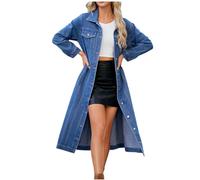 Denim Trench Coats for Women Uk Windproof Solid Jacket Long Sleeve Lapel Coats Plus Size Loose Long Coats with Button Slim Fit Jean Denim Coat Ladies Elegant Casual Cowboy Coat Outwear Streetwear Sale