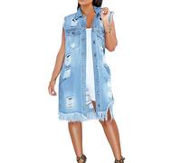 Denim Vest for Women Distressed Denim Gilet Button Up Sleeveless Jean Jacket Ripped Tops Casual Denim Waistcoat Ladies Cowboy Waistcoat Tassel Hem Denim Cardigan Vest Tops with Pockets XL