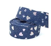 Denim Webbing 10Yards Blue Denim Ribbon - Laser Silvery Heart Pattern Print, Size 1cm/3cm/5cm Polyester Fabric Trim for Sew(30mm)