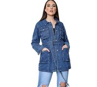 DENIM WISE Women's Fashion Self-Design Regular Stretch Fit Jean Crop Point Collar Denim Jacket 6-14 (Blue Long Multi Pocket, 10)