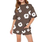 Denims-Tears Kids Tracksuit Set Flower Foam Printed T-Shirt and Shorts 2 Piece Outfit Boys Girls Summer Fashion Activewear Short Sleeve Tops and Jogger Shorts with Drawstring (Brown, 4-5 Years)