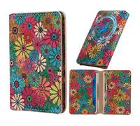 Denior Floral Leather Magnetic Wallet for MagSafe and Most Devices, with Stand＆RFID Protection, Women's Magnet-Attached Card Holder, Dusty Blue, Retro Floral Design