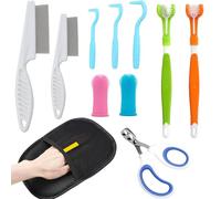 Denipry 11 Pcs Pet Care Kit, Tick Remover Tool Set, Pet Hair Removal Gloves,Flea Comb,Triple Heads Dog Toothbrushes,Finger Toothbrushes,Pet Nail Clippers,for Small Animals,Cat,Kitten and Dog