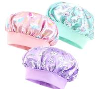 Denipry 3 Pcs Kids Silk Satin Bonnet, Adjustable Elastic Wide Band Soft Pink & Purple& Green Hair Bonnets, Cute Unicorn Night Sleep Cap for Child Toddler Girls