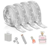 Denipry 4 Rolls Self Adhesive Rhinestone Ribbons, Silver Bling Crystal Diamond Ribbon Roll Wrap Glittering Rhinestones Strips Stickers for Decoration Car Phone DIY Arts Crafts Wedding(Silver, 9mm)