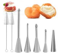 Denipry 7 PCS Cream Icing Piping Nozzle Tip Stainless Steel Long Cream Puff Piping Tips with 2 Brushes Cake Decorating Tools Multipurpose Pastry Piping for Puffs Cupcakes Filling Donuts Other Pastries