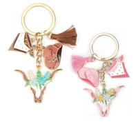 Denipry Cowboy Keyring for Women - 2PCS Creative Cute Western Keychain for Car Keys and Backpack, with Cow Skull, Hat, Headscarf, and Tassel Decorations, Cool Keyrings Gifts for Men Teens Women